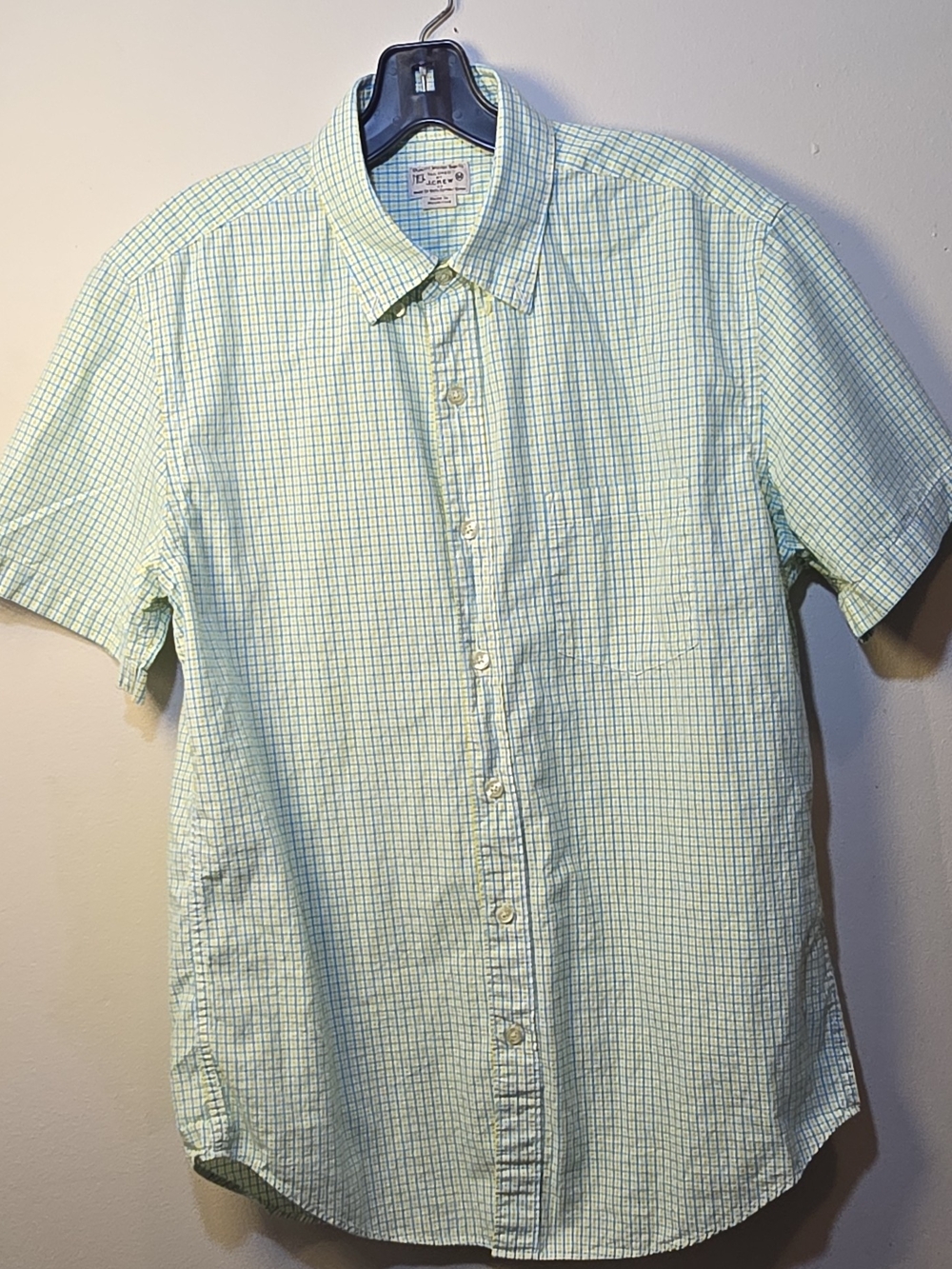 J.CREW Check Cotton Woven Shirt Yellow/Blue/White Short Sleeve Pockets M